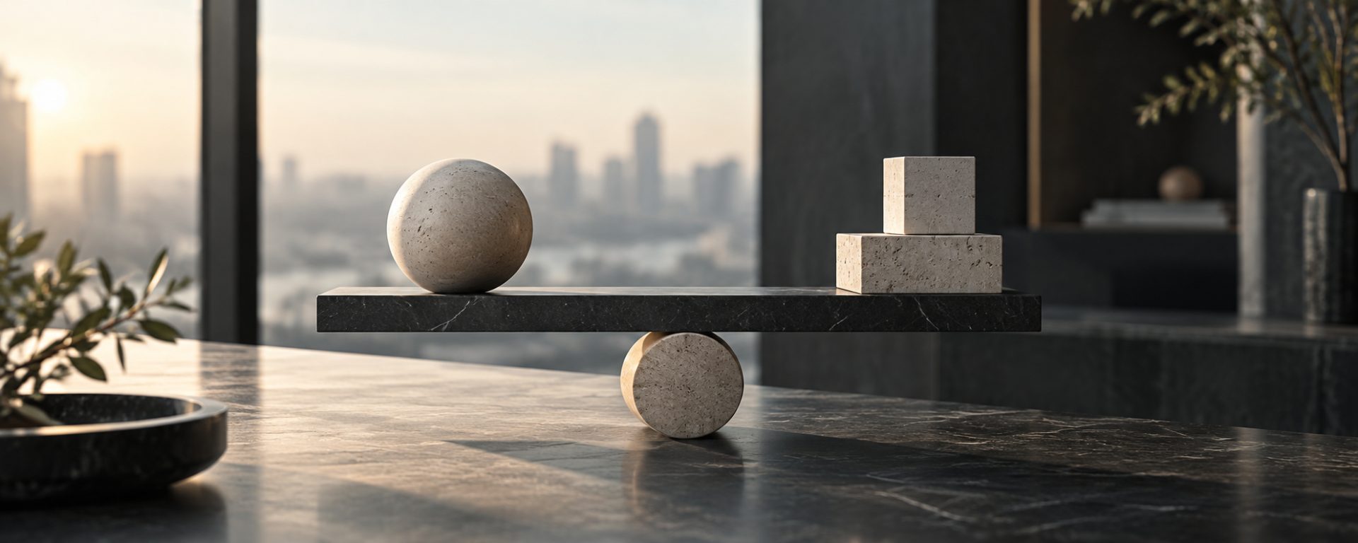Stone sphere and cubes balanced on a plank