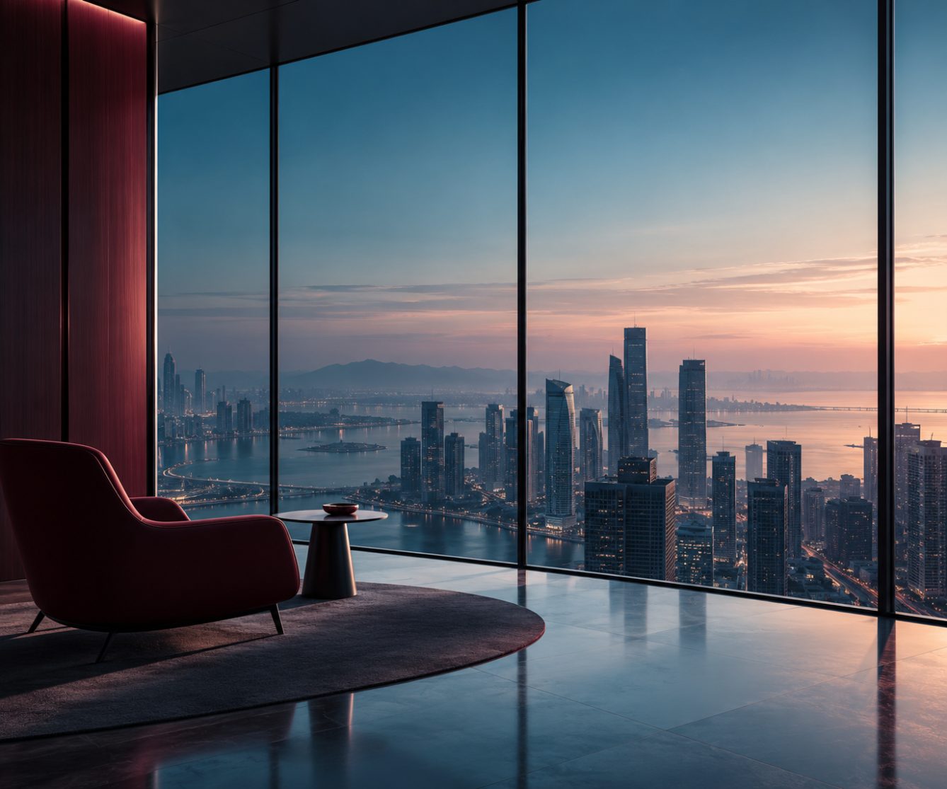 Lounge chair facing a city skyline at dusk