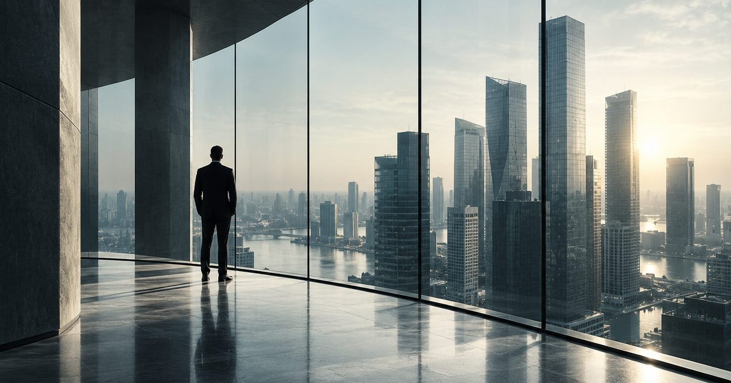 City skyline seen through tall office windows