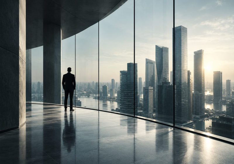 City skyline seen through tall office windows