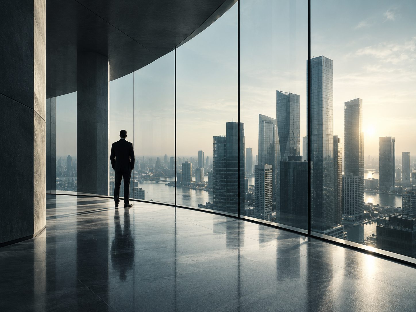 City skyline seen through tall office windows