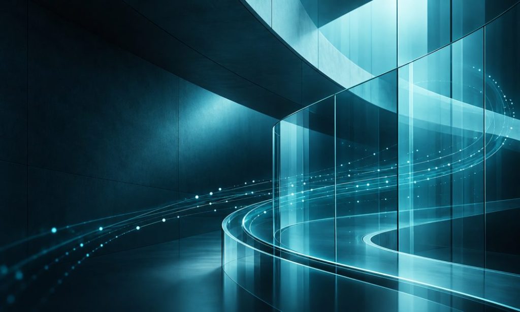 Curved glass corridor with light trails