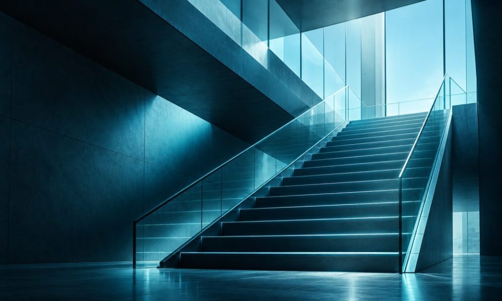 Glass staircase in blue light