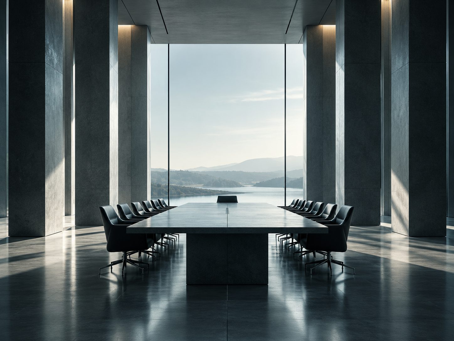 Boardroom table facing a mountain view