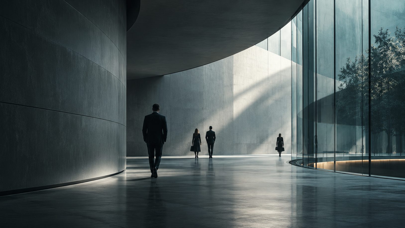 People walking through a bright modern atrium