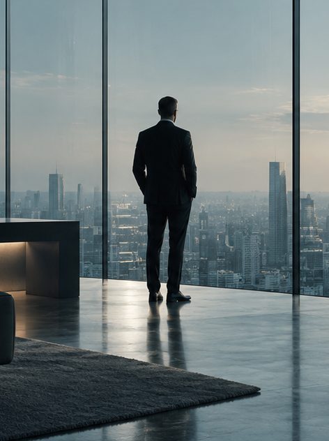 Executive looking out over the city from an office window