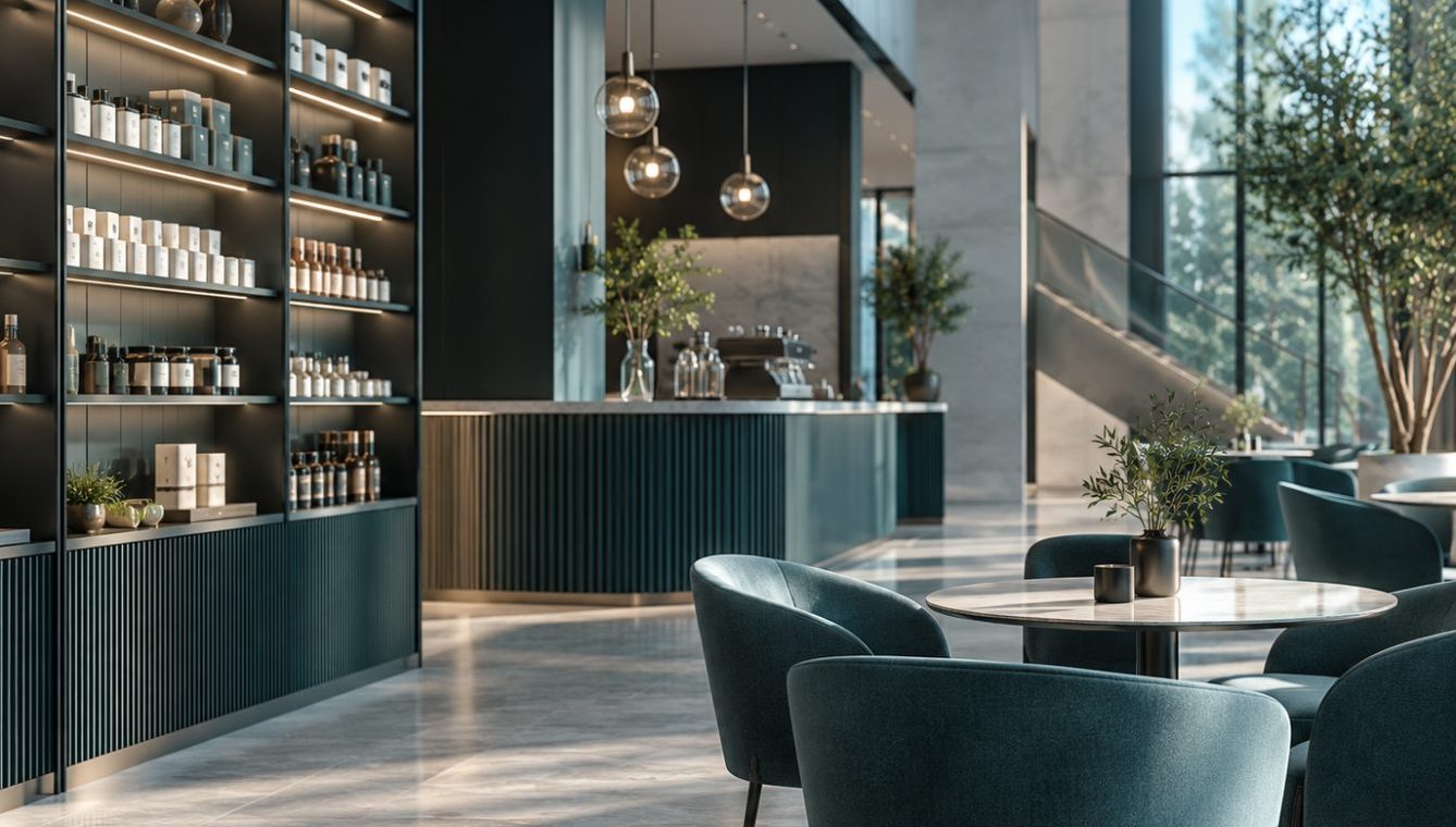Hospitality lounge with velvet chairs