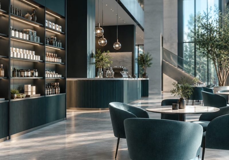 Hospitality lounge with velvet chairs