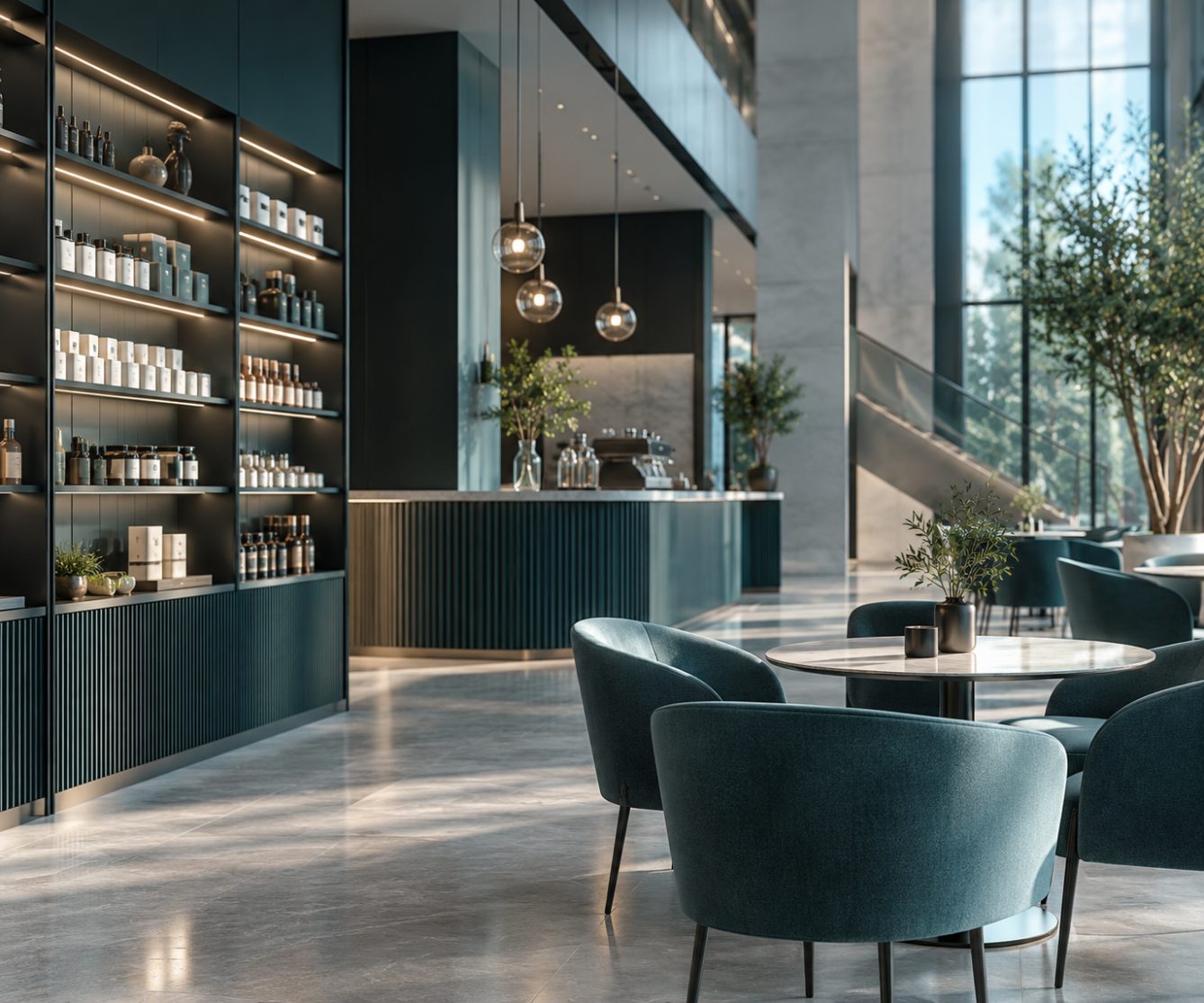 Hospitality lounge with velvet chairs